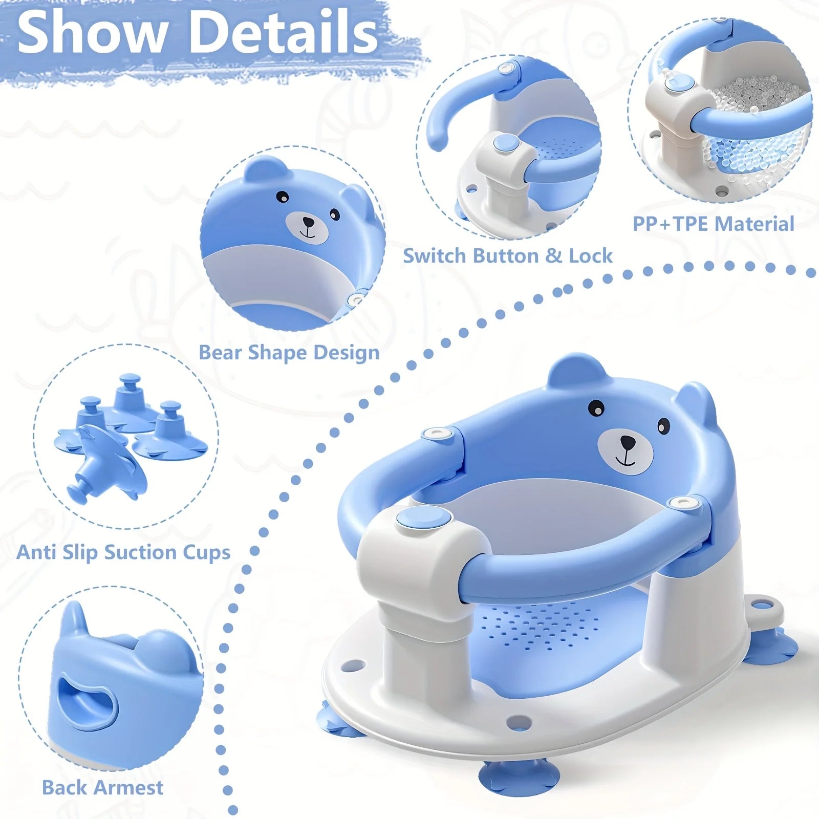 Baby Bath Seat For Babies Non-Slip Infant Chair With 4 Suction
