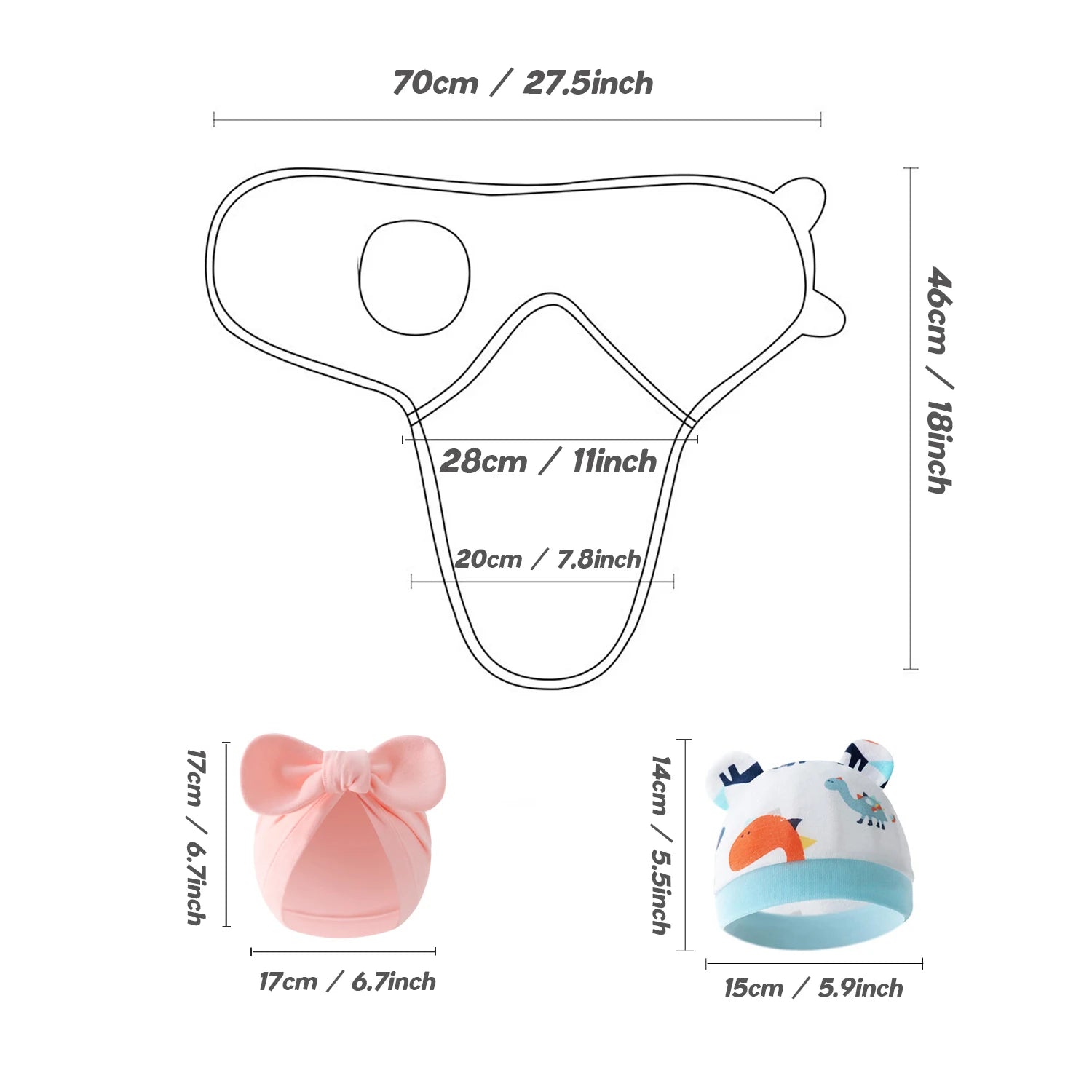 Set of 3 newborn swaddle blankets and baby hats,