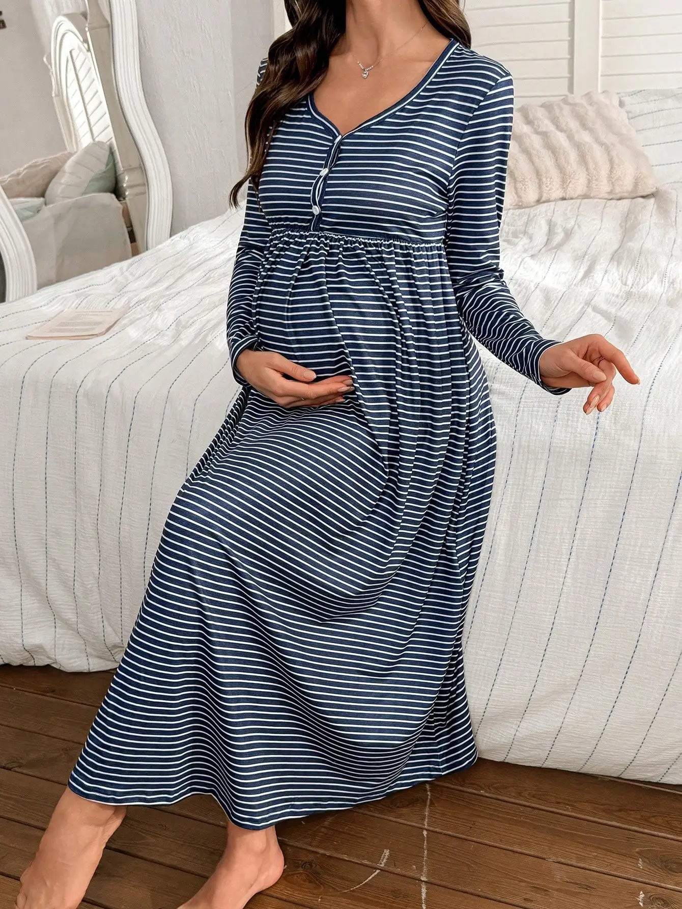 Striped V-Neck Maternity Dress