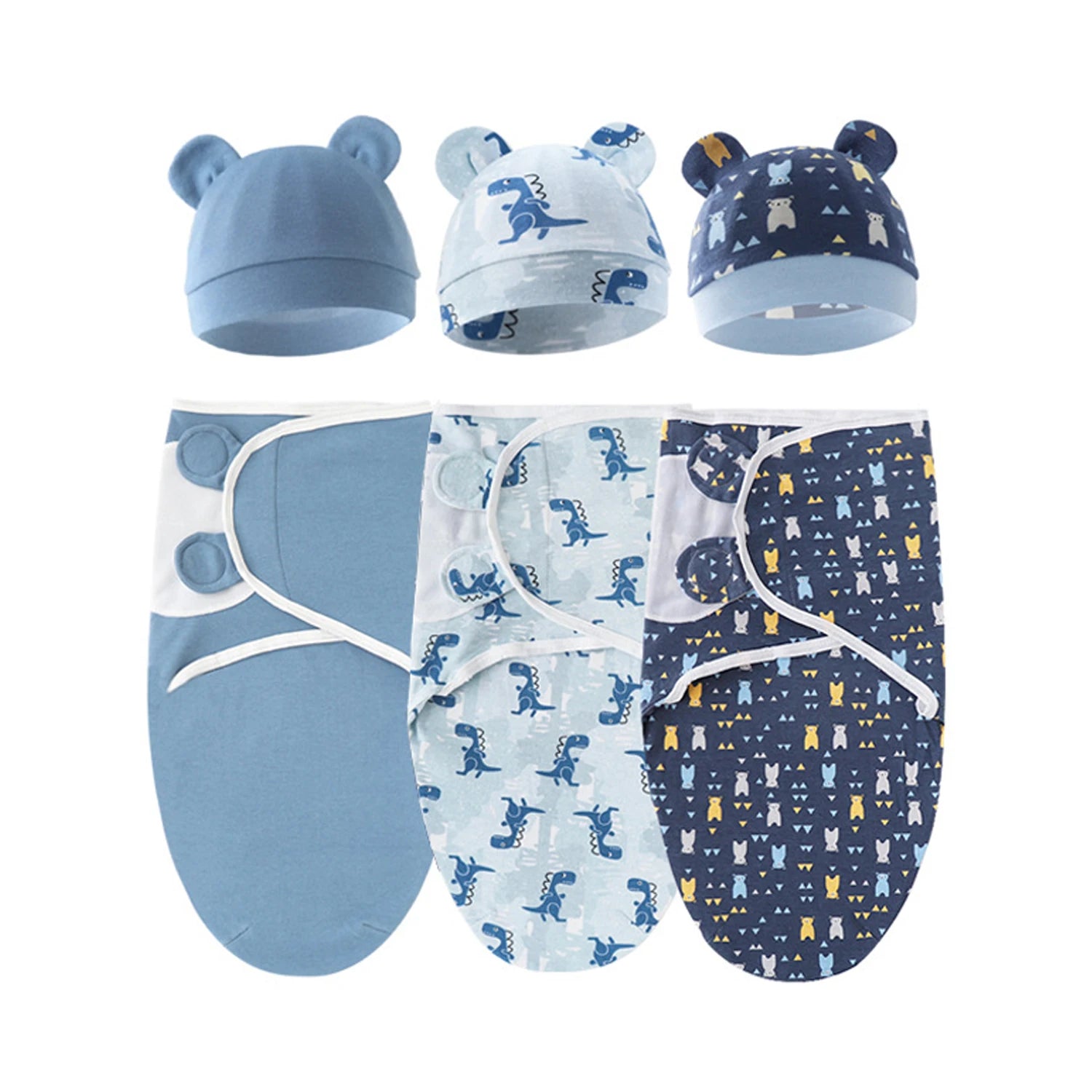 Set of 3 newborn swaddle blankets and baby hats,