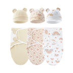 Set of 3 newborn swaddle blankets and baby hats,