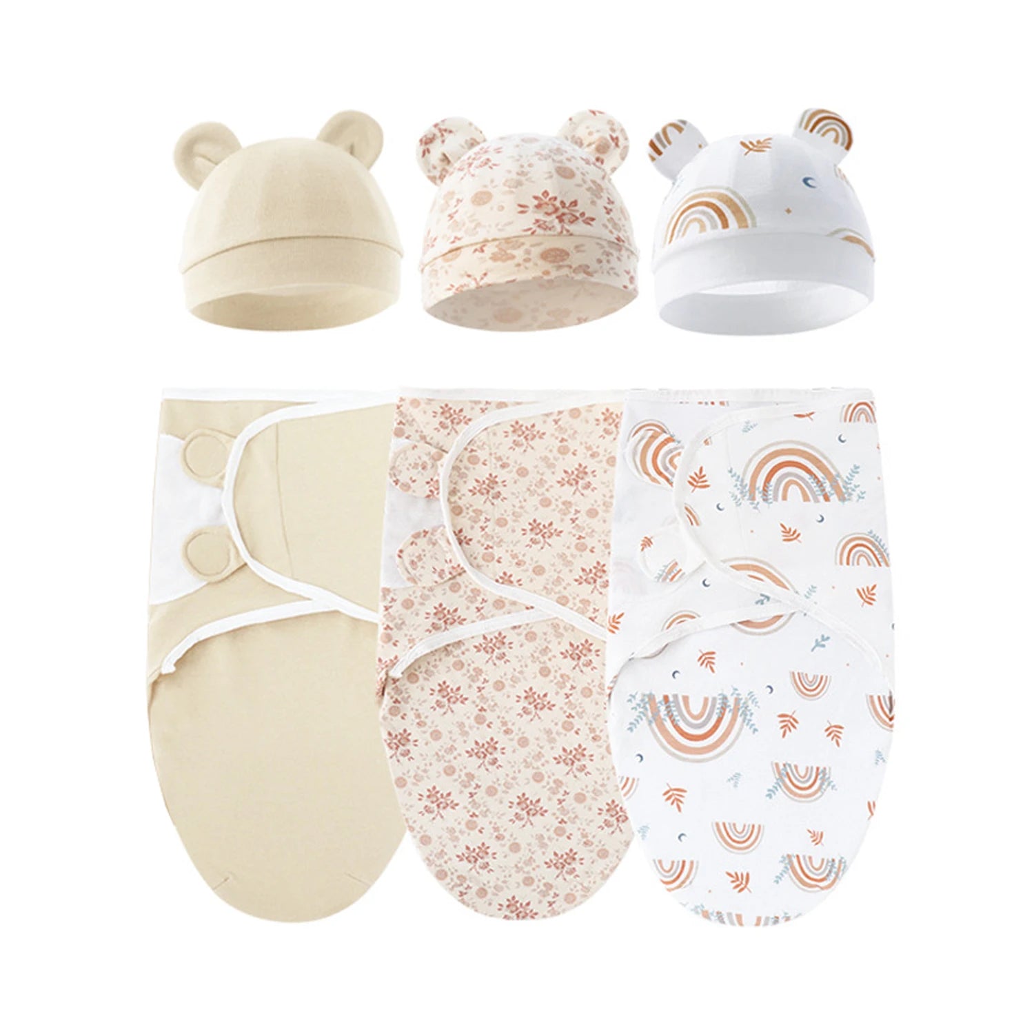 Set of 3 newborn swaddle blankets and baby hats,