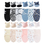 Set of 3 newborn swaddle blankets and baby hats,