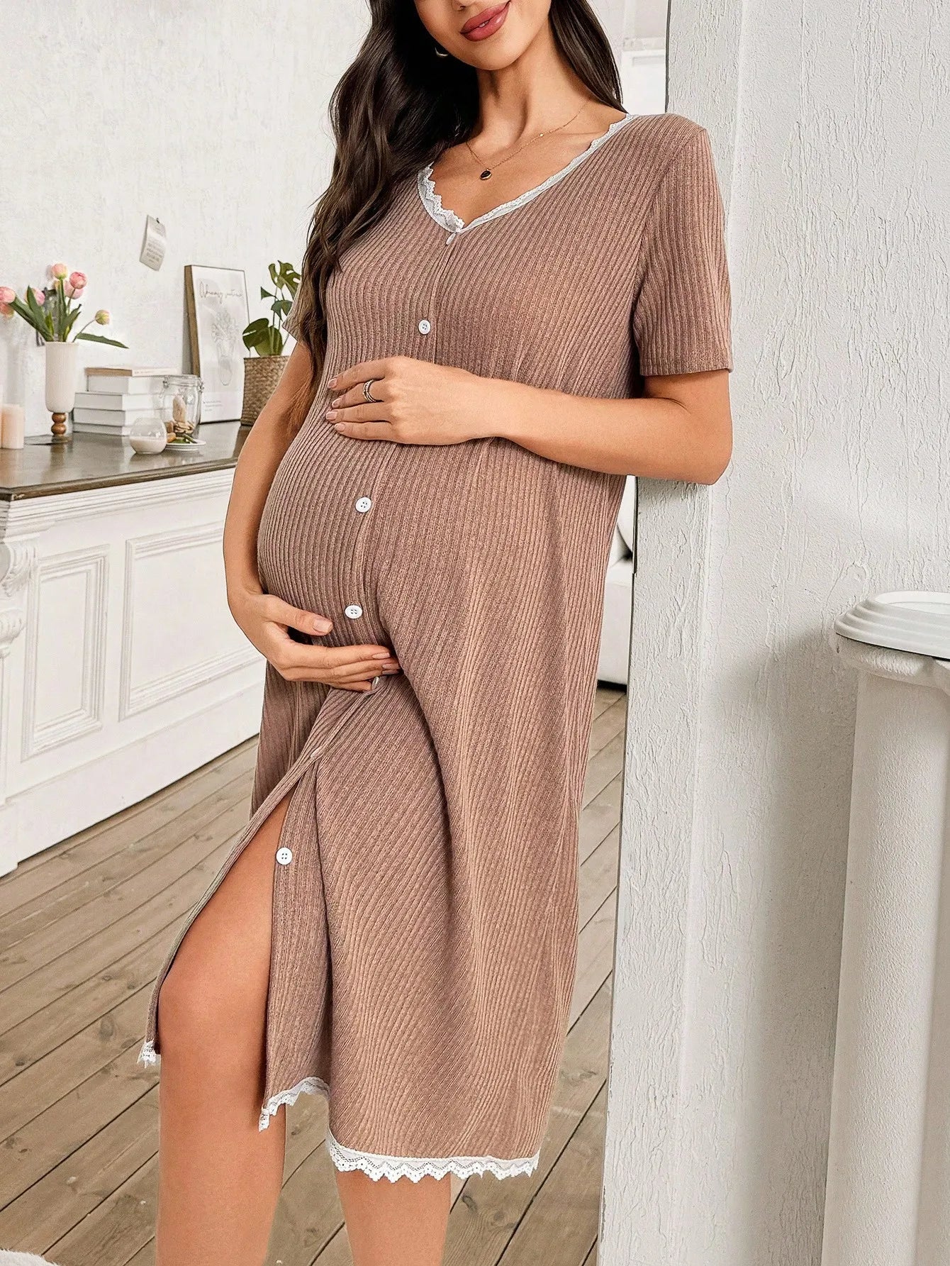 Maternity V-Neck Button-Front Short Sleeve