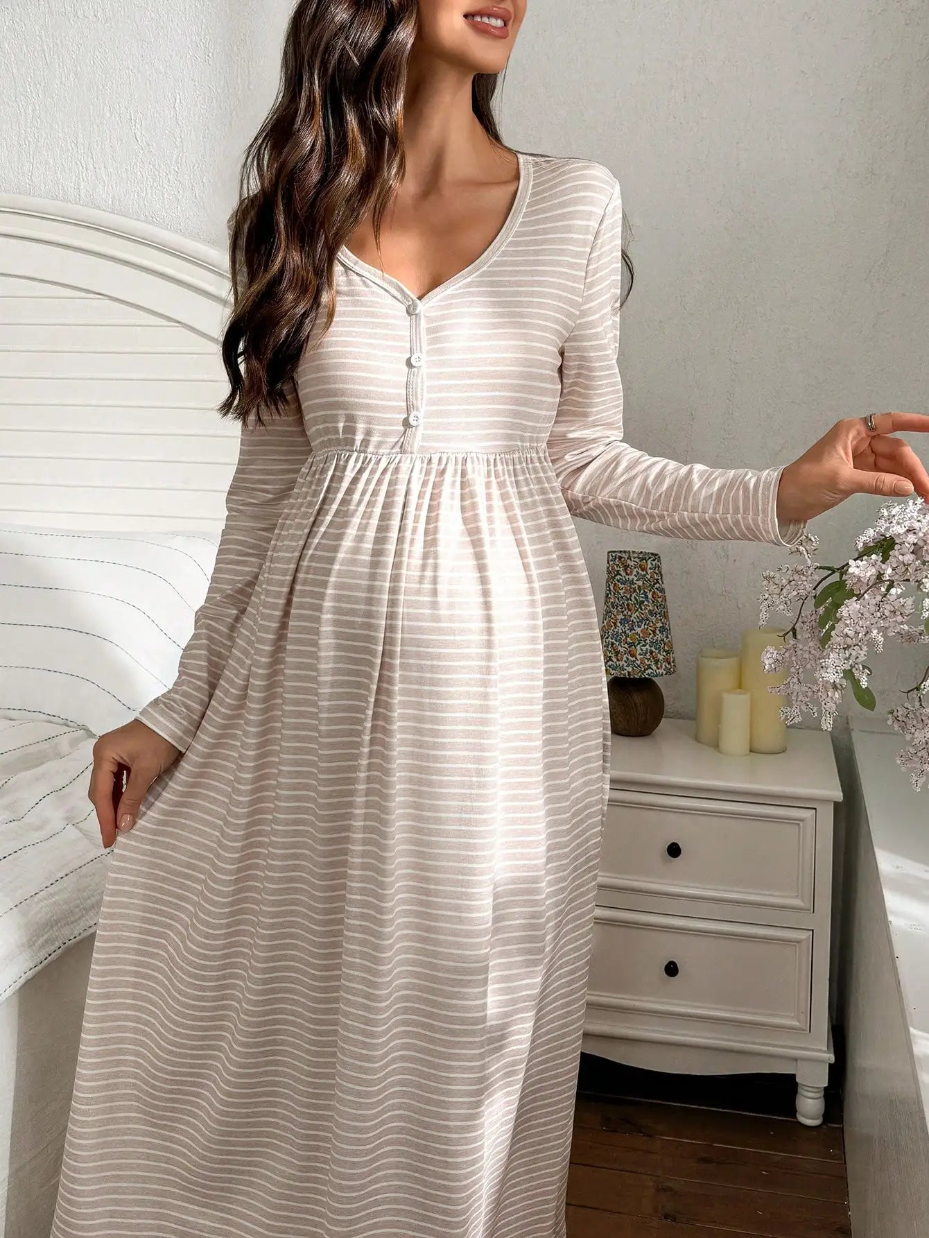 Striped V-Neck Maternity Dress