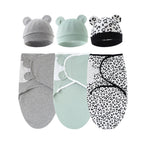 Set of 3 newborn swaddle blankets and baby hats,