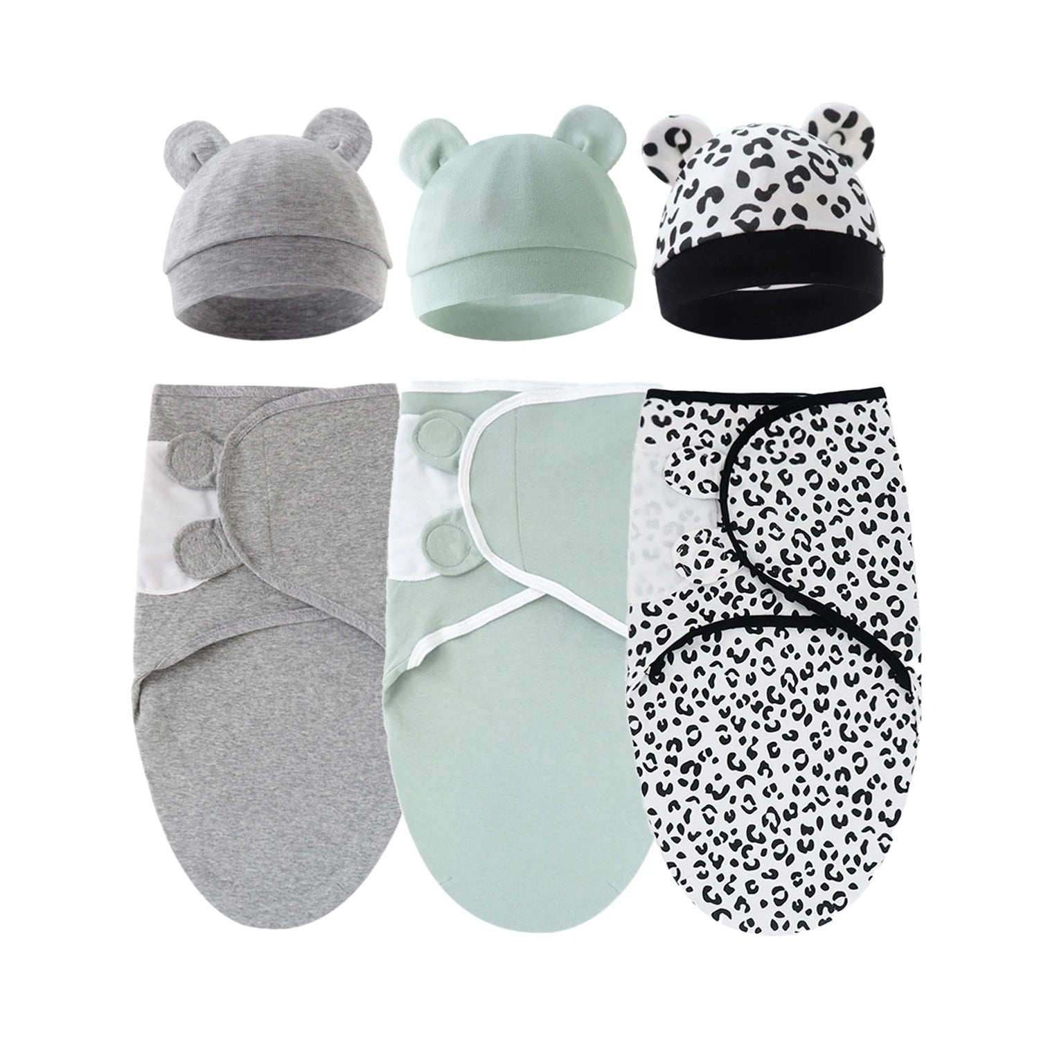 Set of 3 newborn swaddle blankets and baby hats,