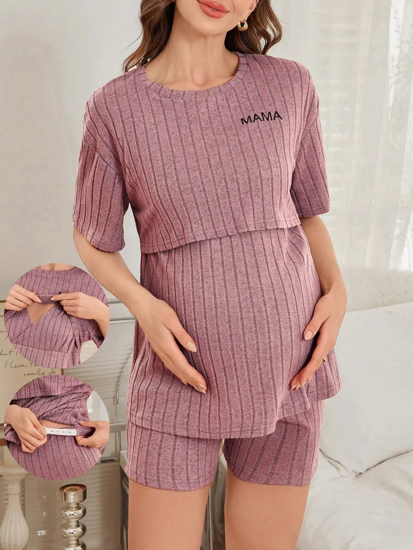 Striped Maternity Nursing Pajama Set
