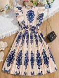 Floral Print Ruffle Sleeve Pleated Belted Midi Dress For Women