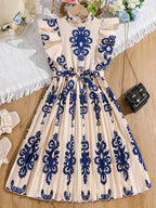 Floral Print Ruffle Sleeve Pleated Belted Midi Dress For Women