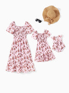 Family Matching Pink Floral Square Neck Dress -