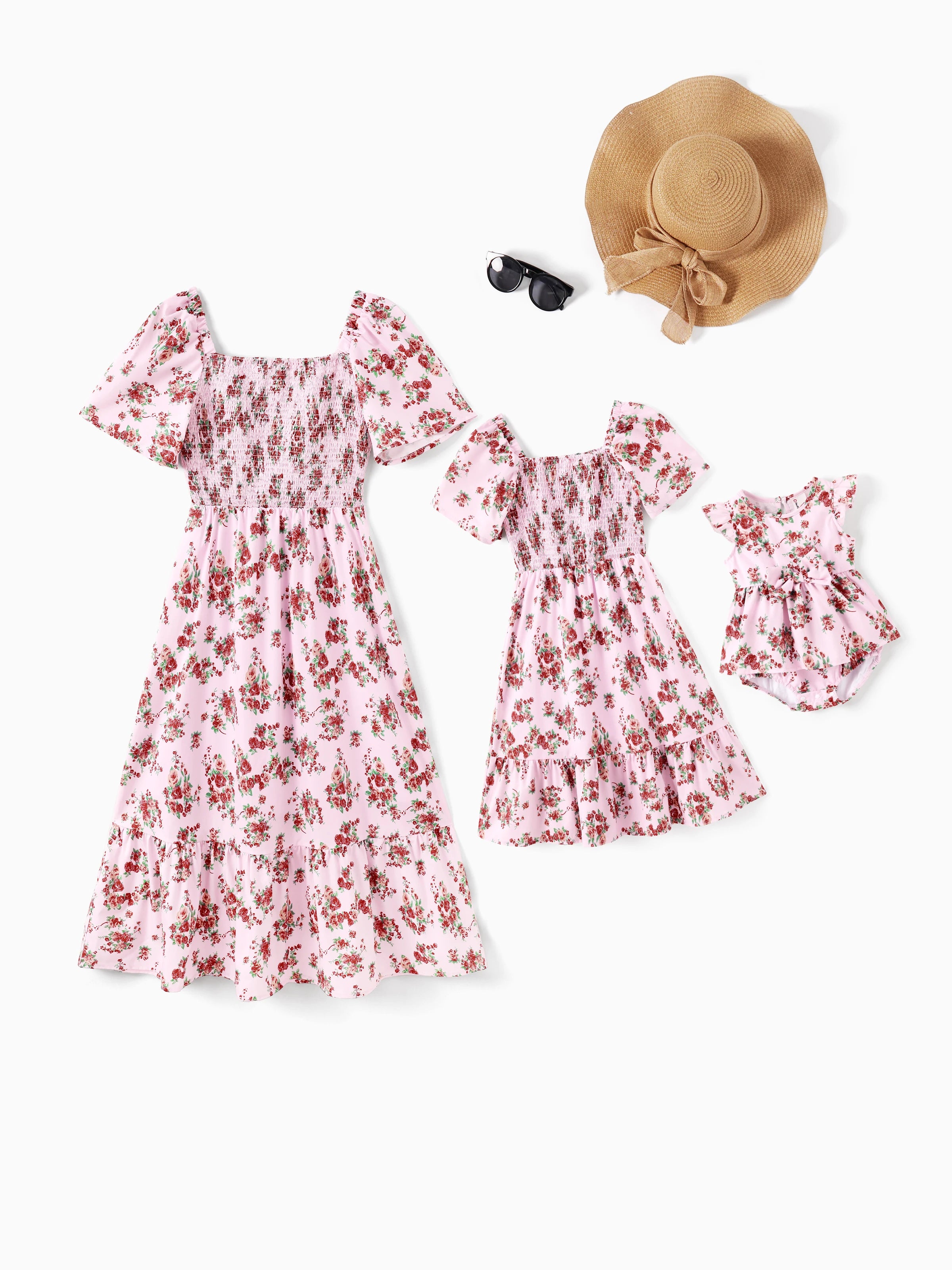 Family Matching Pink Floral Square Neck Dress -