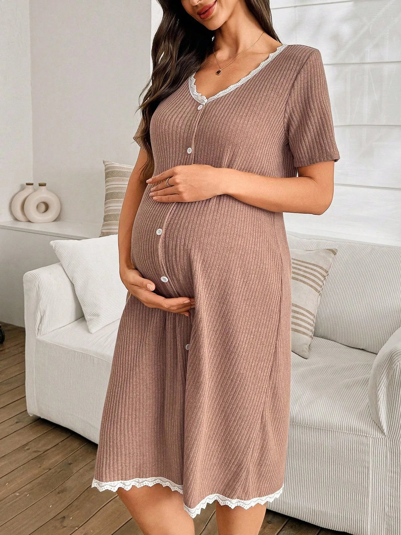 Maternity V-Neck Button-Front Short Sleeve