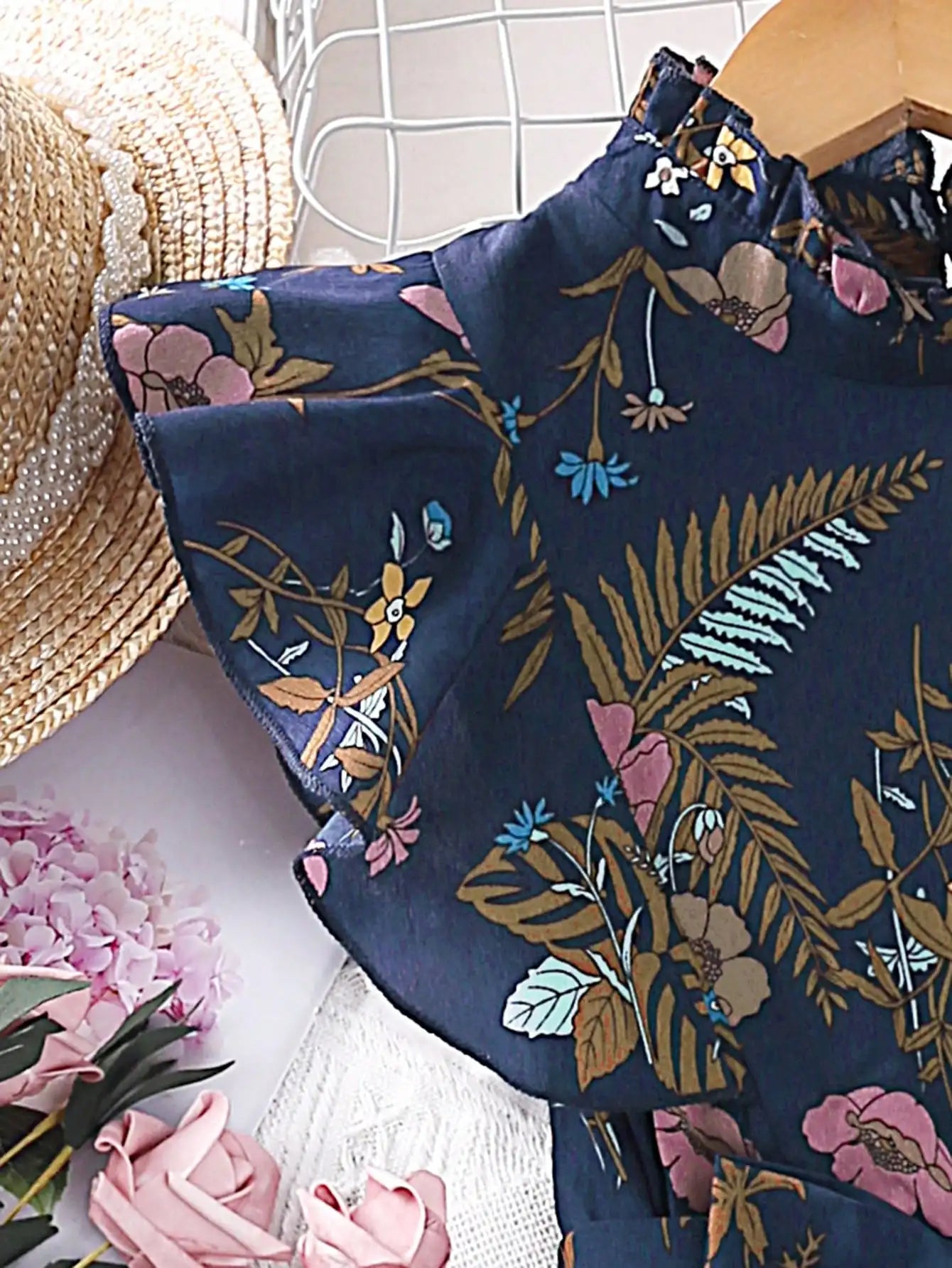 Floral Print Ruffle Sleeve Pleated Belted Midi Dress For Women