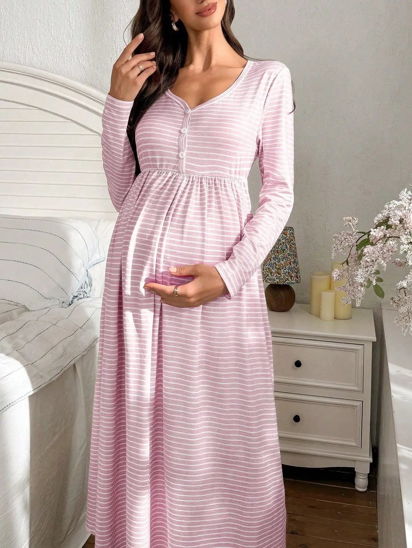Striped V-Neck Maternity Dress