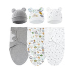 Set of 3 newborn swaddle blankets and baby hats,