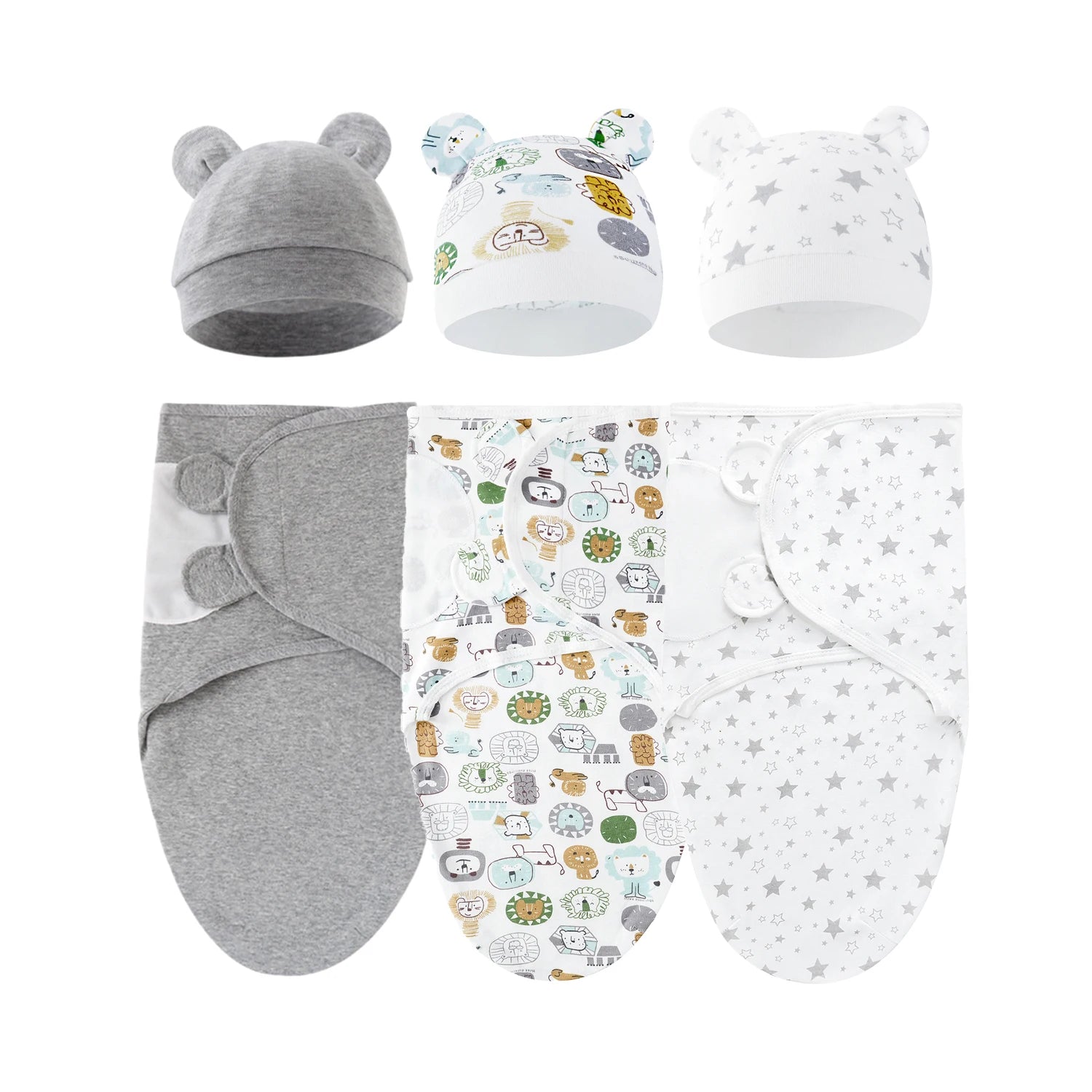Set of 3 newborn swaddle blankets and baby hats,