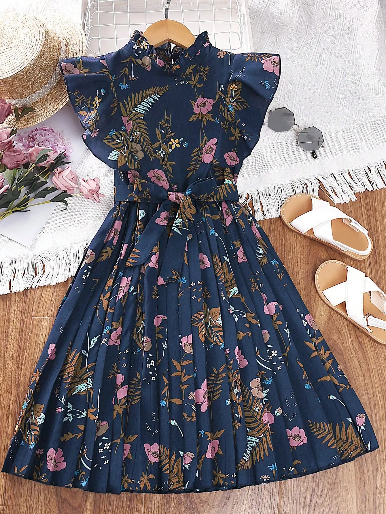 Floral Print Ruffle Sleeve Pleated Belted Midi Dress For Women