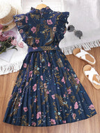 Floral Print Ruffle Sleeve Pleated Belted Midi Dress For Women