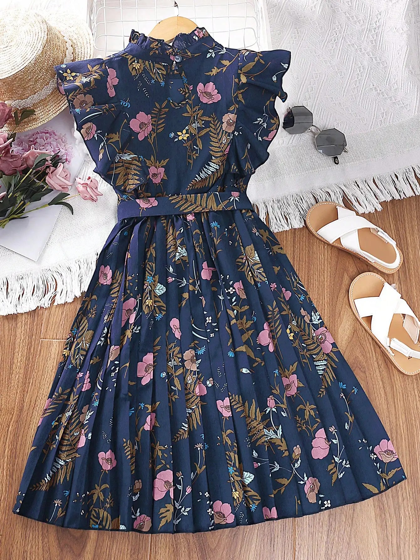 Floral Print Ruffle Sleeve Pleated Belted Midi Dress For Women