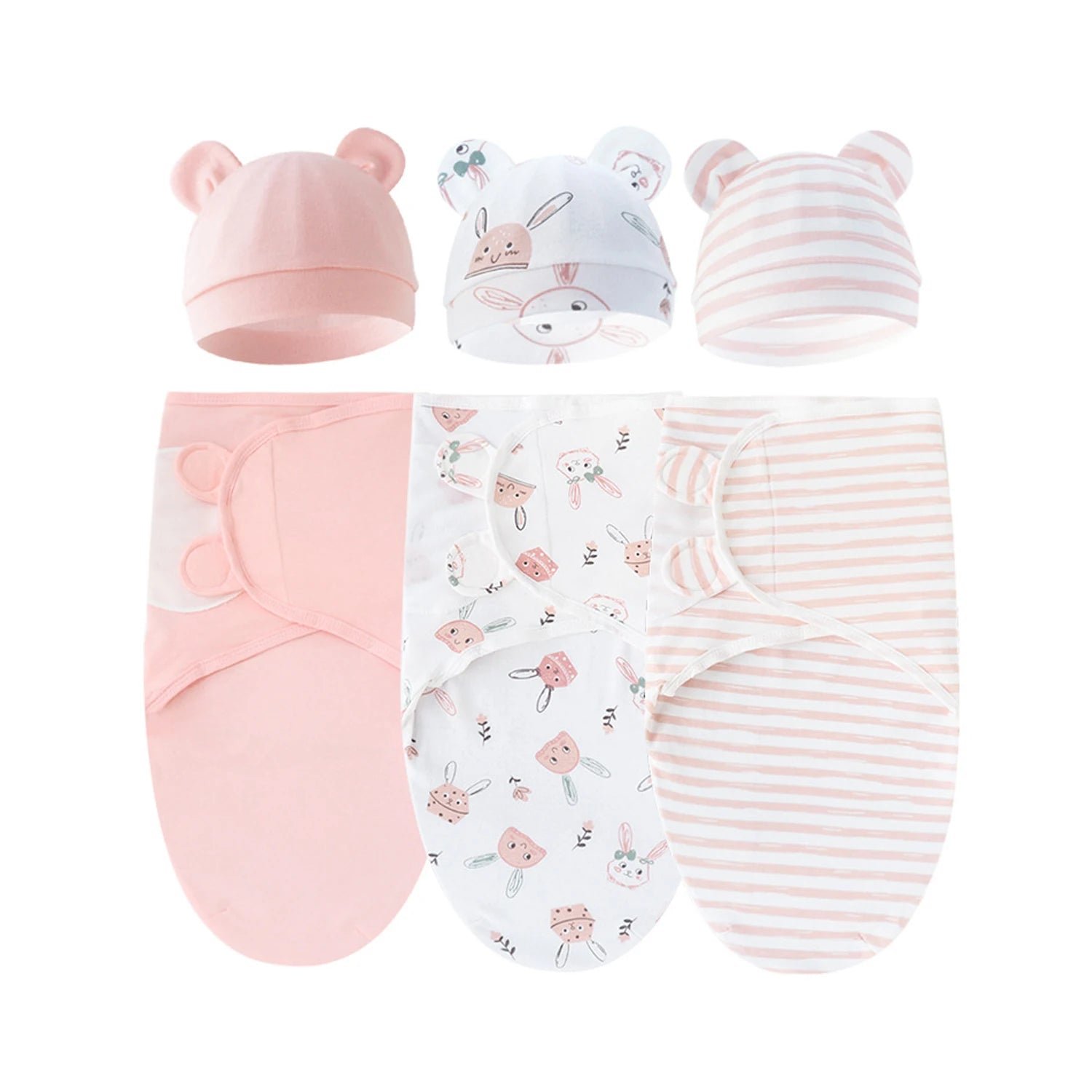 Set of 3 newborn swaddle blankets and baby hats,